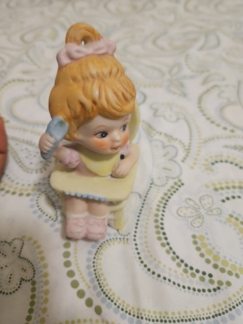 Vintage Ceramic Girl Figurine in Pastel Yellow & Pink